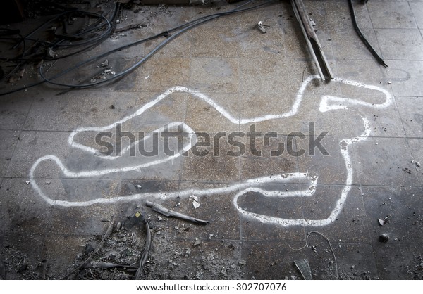 Crime scene chalk\
outline of a dead body