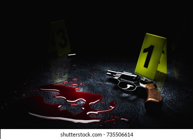 crime scene concept with a gun on a blood puddle with evidence markers on a dark background / high contrast image