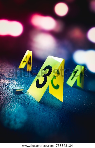crime
scene with evidence markers / high contrast
image