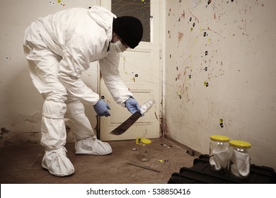 Crime scene investigation - collecting of odor traces by technician