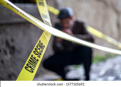 Crime Scene, Murder, Investigation, Bloody Trail On Asphalt, Ongoing Investigation, Camera Expert Evidence Of Murder. Vinatge Detective