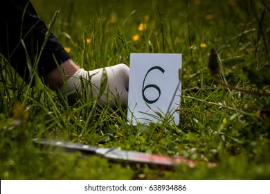 The Crime Scene, Murder, Investigation, Bloody Knife On The Grass, An Investigation Is Underway, Expert Witness With Gloves Puts Labels On The Crime Scene