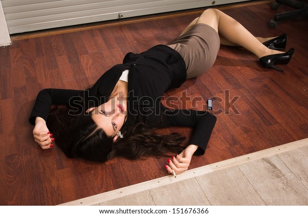 Crime Scene Office Lifeless Businesswoman Lying Stock Photo