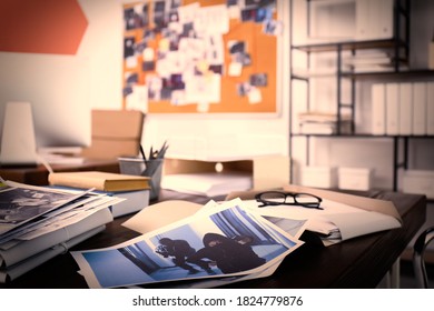 Crime Scene Photos And Documents On Table. Detective Agency