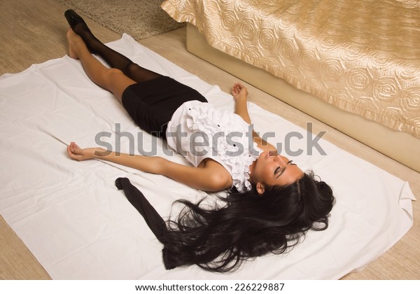 Crime Scene Simulation. Victim Lying On The Floor Stock 