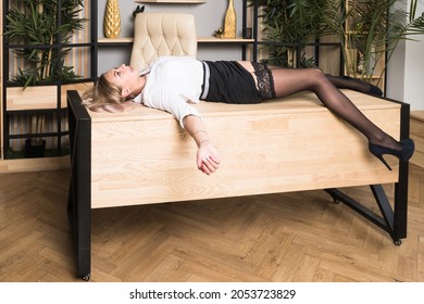 Crime scene with strangled pretty business woman in office
