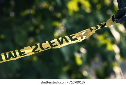 Crime Scene Tape Closeup, Police Tape Do Not Cross Outdoors