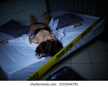 Crime Scene - Woman Dead Lying On The Bed