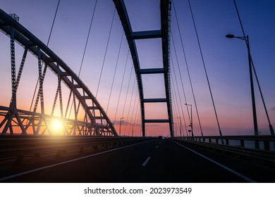 Crimea Bridge Over Kerch Strait At The Evening Sunset.