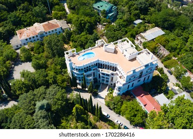 Crimea / Russia - August 14 2019: Luxury Hotel In Crimea With A Rooftop Pool. Aerial Drone Photography.