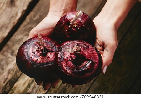 Crimean sweet onion in woman palms. Selective focus