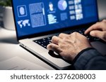 Criminal case investigation. Police or private detective using computer. Evidence document and profile of crime suspect with photo in laptop. FBI or CSI investigator. Officer and paperwork at desk.