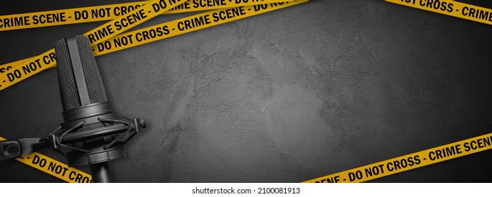 criminal investigation podcast. Crime audio story banner with concrete wall, microphone and crossing lines - Shutterstock ID 2100081913