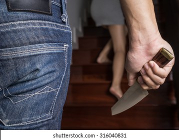 Criminal With Knife Attack Woman In A House,focus Hand