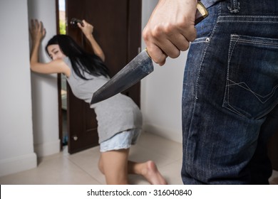 Criminal With Knife Attack Woman In A House,focus Hand