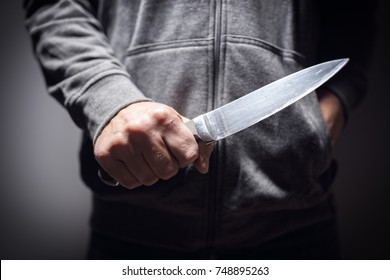 Criminal With Knife Weapon Threatening To Stab