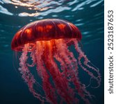 In Crimson Waves, a radiant jellyfish swims gracefully through deep waters reflecting the fiery reds and oranges of a setting sun, its glowing tendrils trailing as the sky and sea merge in vivid harmo