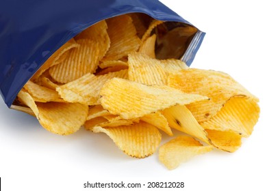 Crinkle Cut Crisps Spilling Out Of A Foil Packet.