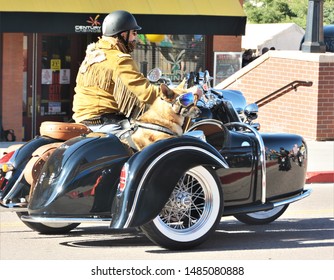 Cripple Creek, CO, USA. Aug 17, 2019. Veteran Riding With His Dog In The Side Car Of His Motorcycle At The Veterans Biker Rally And Festival In Cripple Creek, Colorado. 