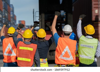 Crisis business logistic employee. Group of people worker protesting in factory . Containers worker protes concept. Professional team a logistic or industrial container.  - Shutterstock ID 1869397912
