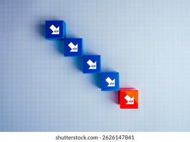 Crisis down chart. Economic downturn with decrease arrow with percentage icons on blue and red cube block steps on graph paper background. Interest rates, stock trading, Business financial concept.