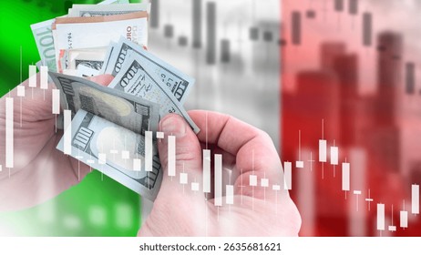 Crisis in Italy. Hands of man counting banknotes. Flag of Italy. Falling financial chart metaphor of crisis. Recession in Italy. Decrease in amount of investment concept. Fall in income of Italians