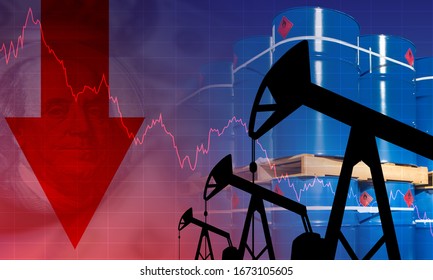 Crisis. Lower production to keep prices down. Down arrow as a symbol of price collapse. The fall in oil prices. Organization of the Petroleum Exporting Countries. Artificial drop in oil prices