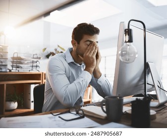 Crisis, stress and tired businessman in office on computer working for deadline, pressure or online report. Corporate demand, eye strain and exhausted database administrator with fatigue or burnout - Powered by Shutterstock