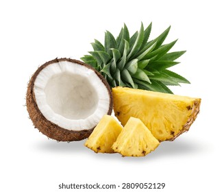 Crisp isolated composition of ripe pineapple slices and a cracked coconut half, perfect for natural juice and tropical wellness branding.