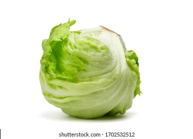 Crisphead Lettuce, One Whole Head Of Iceberg Lettuce, Leafy Green Vegetable Isolated On White Background, Soft Focus