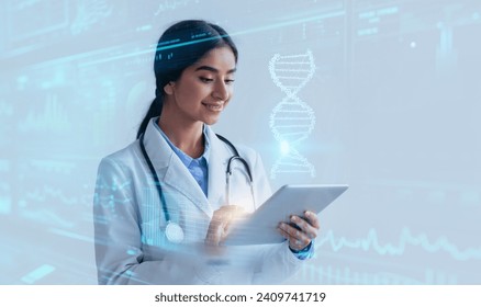 CRISPR technology. Young advanced indian lady doctor enjoying futuristic medical technologies, studying virtual human DNA strand on digital tablet, blue studio background - Powered by Shutterstock