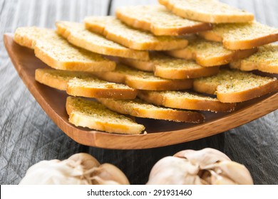 crispy bread garlic on wood background