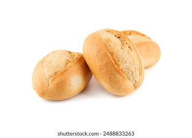 Crispy bread rolls isolated on white background. Fresh crispy bread rolls. Three bread rolls on white. - Powered by Shutterstock