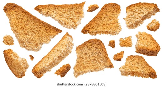 Crispy bread rusk pieces isolated on white background
