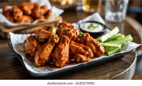 Crispy buffalo chicken wings coated in spicy red sauce, arranged neatly with celery sticks and a side of creamy ranch on a sports bar table.

