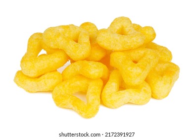 Crispy Cheese Snacks On A White Background, Salted Corn Rings.