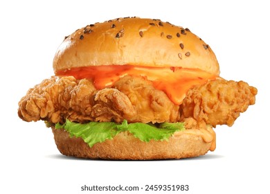 CRISPY CHEESY CHICKEN ZINGER BURGER ISOLATED ON WHITE - Powered by Shutterstock