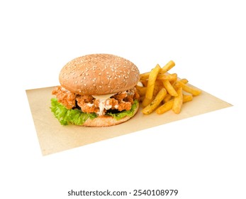 Crispy chicken burger with lettuce, mayo and slice cheese, paired with french fries as side dish on a brown rectangle paper and white isolated background PNG transparent friendly. burger menu photos - Powered by Shutterstock