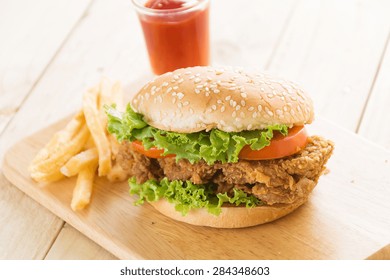 Crispy Chicken Burger On Wood