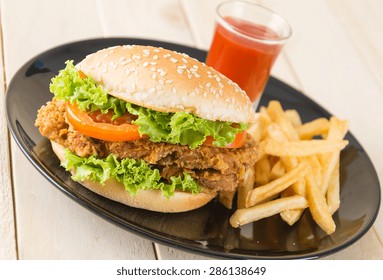 Crispy Chicken Burger On Wood