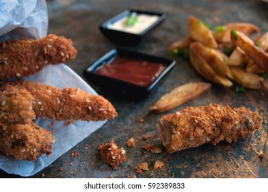 Crispy Chicken Fingers With French Fires, Ketchup And Mayonnaise