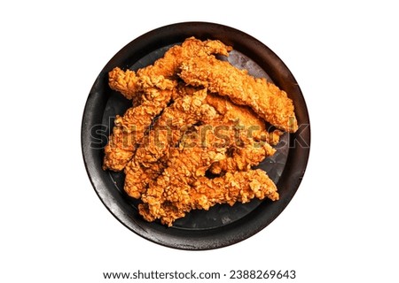 Crispy chicken tenders strips with Ketchup.  Isolated on white background