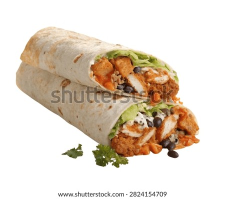 Crispy Chicken Wrap, Double Roll Style, Buffalo Flavour, Golden White, Isolated on White Background