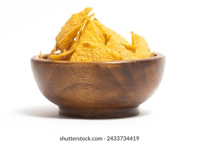 Crispy corn tortilla nachos chips in a wooden bowl isolated on white background clipping path - Powered by Shutterstock