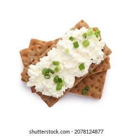 Crispy Crackers With Cottage Cheese And Green Onion On White Background, Top View