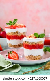 Crispy Creamy Strawberry Trifle. Delicious Summer Dessert Of Shortbread Crumbs, Yogurt Quark Cream And Strawberries. Selective Focus