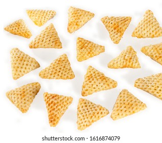 Crispy and crunchy Salty wheat 3d Triangle shape, Papad, tri angle corn puff, fryums or frymus, snack food, Indian Pouch Packing Street Food, selective focus - Image