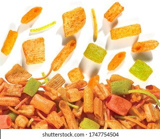 Crispy and crunchy Salty wheat mix fryums, Cocktail (Khichadi) Colourfull, Square, Cup, ABCD, Pasta, Noodles, Triangle, Wheels and Pipe shape Frymus, Fried and Spicy, Snack Food