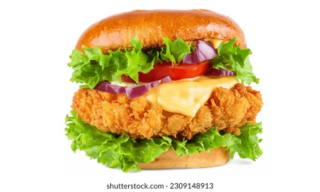 Crispy deep Fried Chicken Burger with cheese, tomato, lettuce, pickles and mayonnaise isolated on white background - Powered by Shutterstock