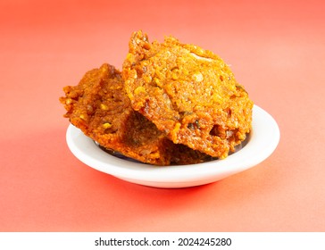 Crispy Deep Fried Lentil With Onion Called Piyaju Or Daler Bora On Red Background. Piyaju Is A Lentil And Onion Fritter Which Is A Very Popular Snack In Bangladesh.